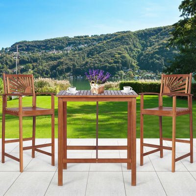 3 Pieces Acacia Wood Patio Bar Set with Sunflower Patterned Backrest