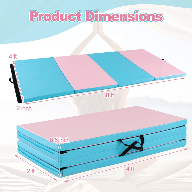 Folding Gymnastics Mat with Carry Handles and Sweatproof Detachable PU Leather Cover-Blue