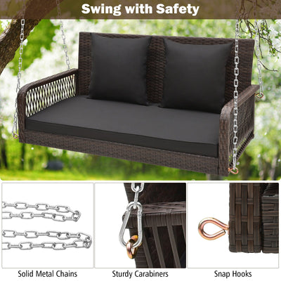 2-Person Outdoor Wicker Porch Swing with Seat and Back Cushions-Black