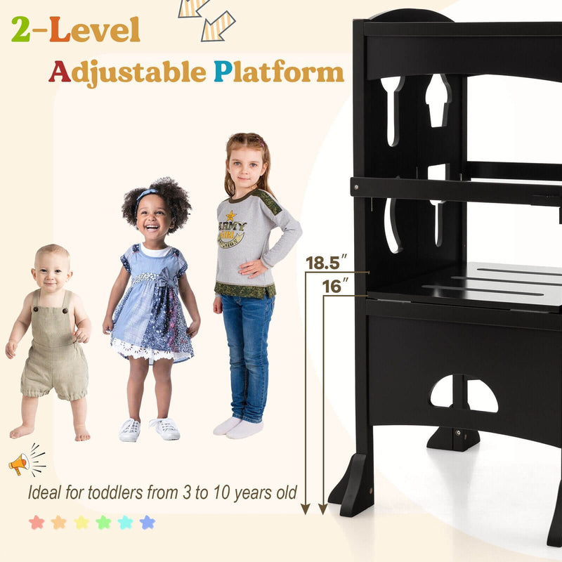 Folding Wooden Step Stool with Lockable Safety Rail for Toddler 3+-Coffee