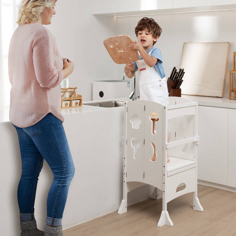 Folding Wooden Step Stool with Lockable Safety Rail for Toddler 3+-White