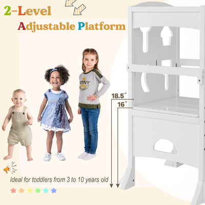 Folding Wooden Step Stool with Lockable Safety Rail for Toddler 3+-White