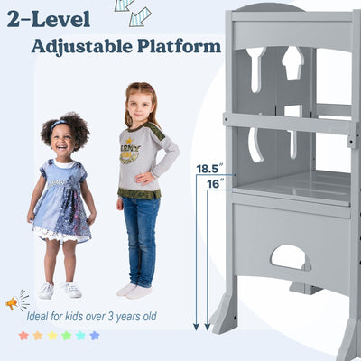 Folding Wooden Step Stool with Lockable Safety Rail for Toddler 3+-Gray