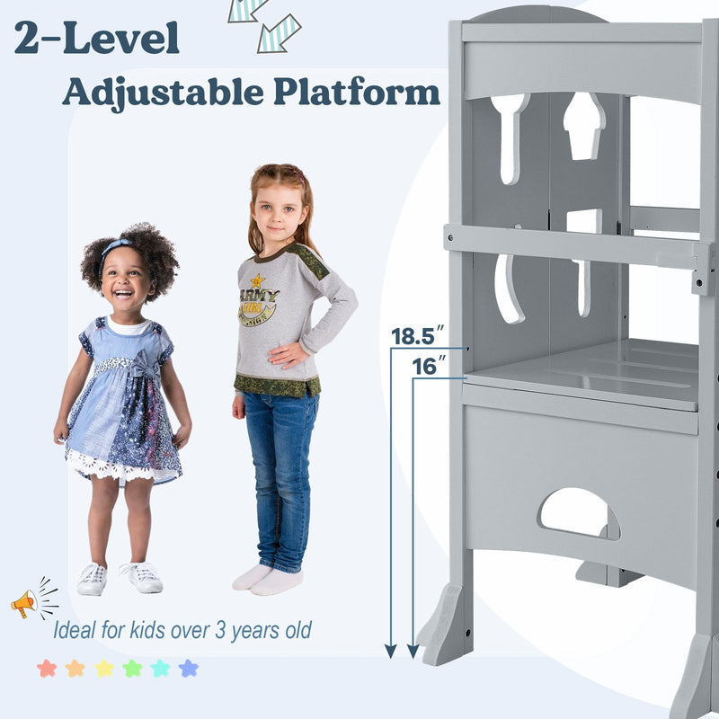 Folding Wooden Step Stool with Lockable Safety Rail for Toddler 3+-Gray