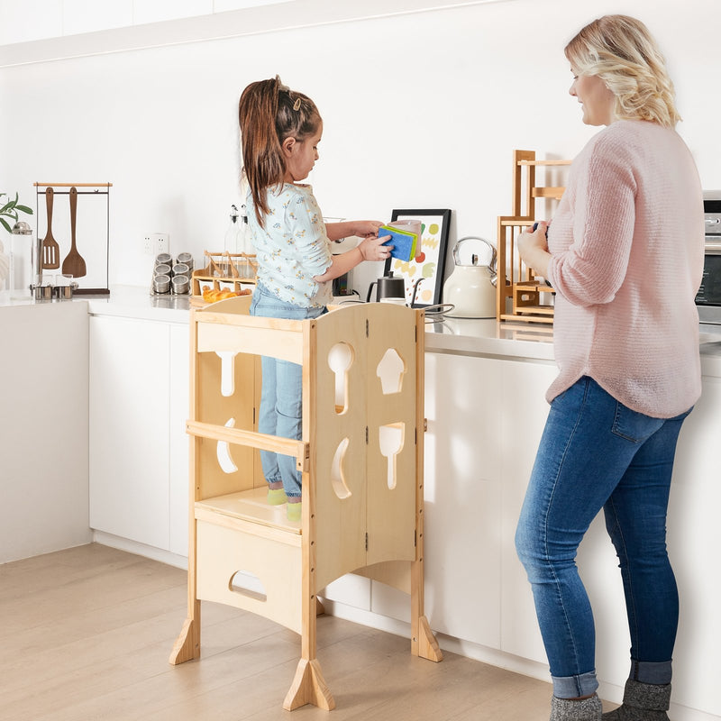 Folding Wooden Step Stool with Lockable Safety Rail for Toddler 3+-Natural