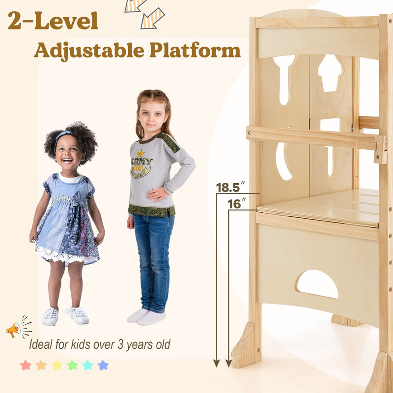 Folding Wooden Step Stool with Lockable Safety Rail for Toddler 3+-Natural