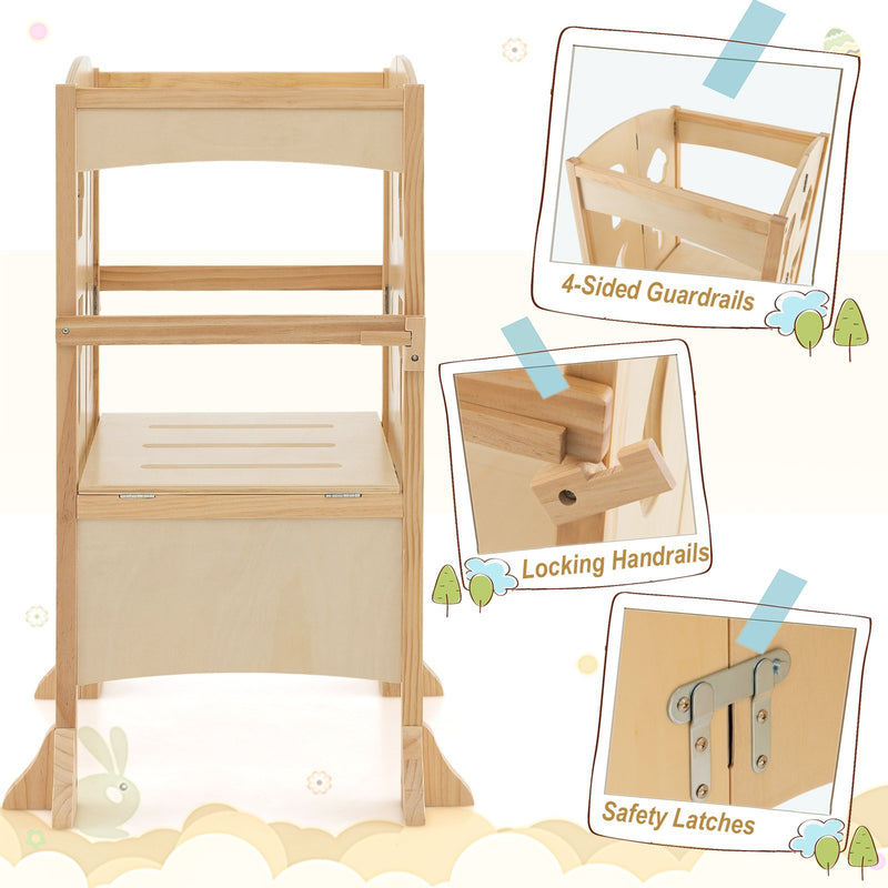 Folding Wooden Step Stool with Lockable Safety Rail for Toddler 3+-Natural