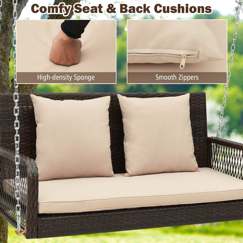 2-Person Outdoor Wicker Porch Swing with Seat and Back Cushions-Beige