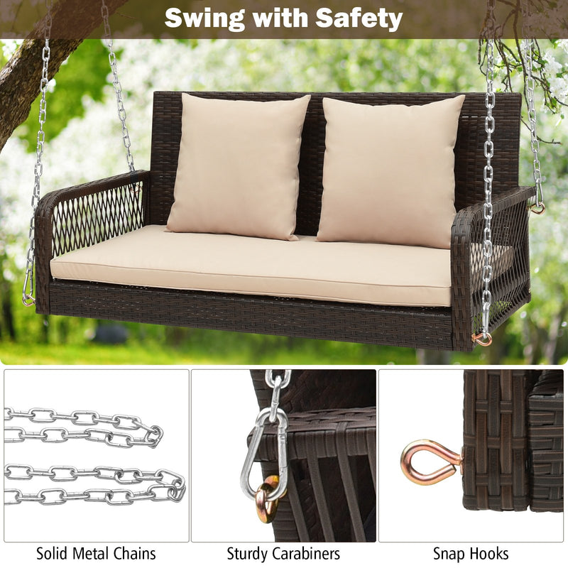 2-Person Outdoor Wicker Porch Swing with Seat and Back Cushions-Beige