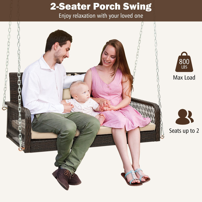 2-Person Outdoor Wicker Porch Swing with Seat and Back Cushions-Beige