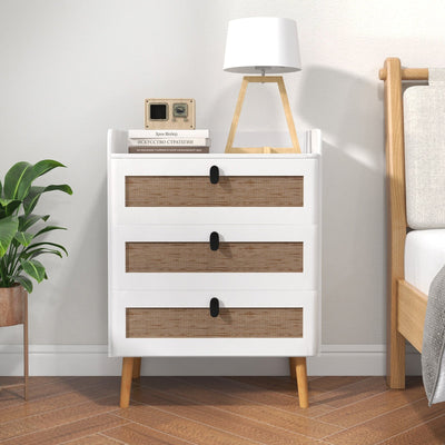 Modern End Table with 3 Rattan Decorated Drawers-White