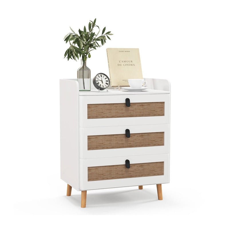 Modern End Table with 3 Rattan Decorated Drawers-White