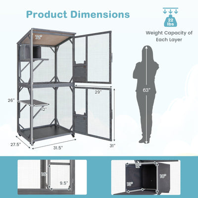 72 Inch TallWooden Cat House with Weatherproof Asphalt Roof-Gray
