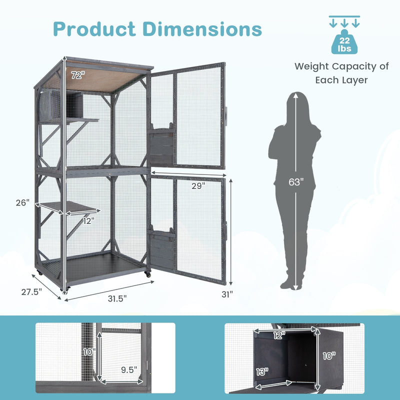 72 Inch TallWooden Cat House with Weatherproof Asphalt Roof-Gray