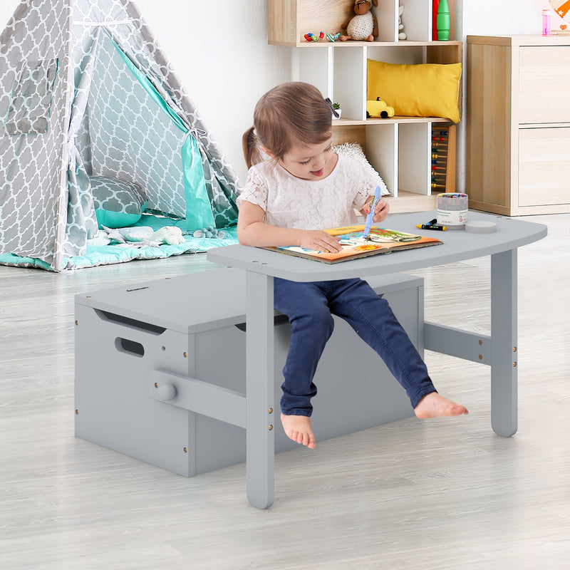 3-in-1 Kids Convertible Storage Bench Wood Activity Table and Chair Set-Gray