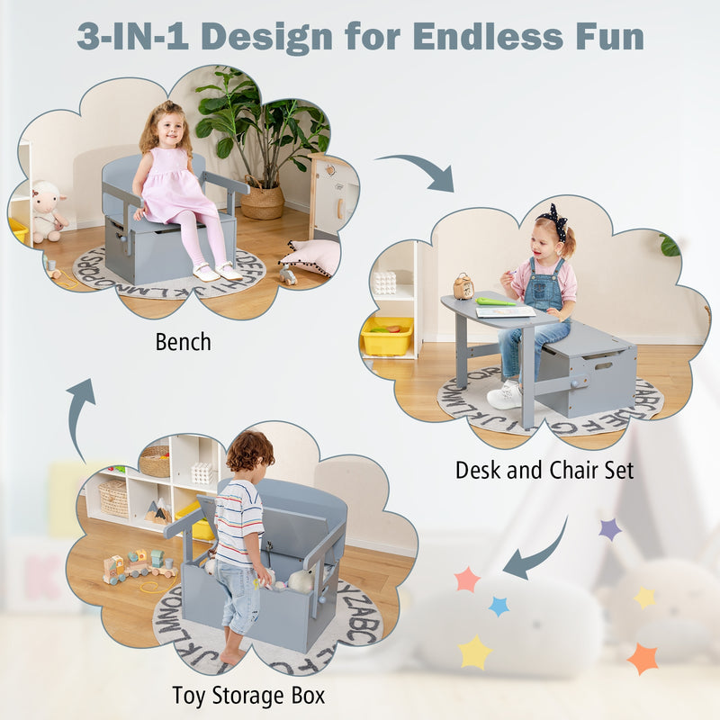 3-in-1 Kids Convertible Storage Bench Wood Activity Table and Chair Set-Gray