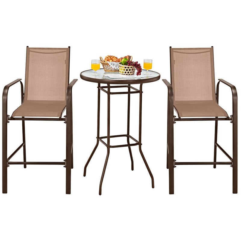 3 Pieces Outdoor Patio Bar Table Stool Set-Brown