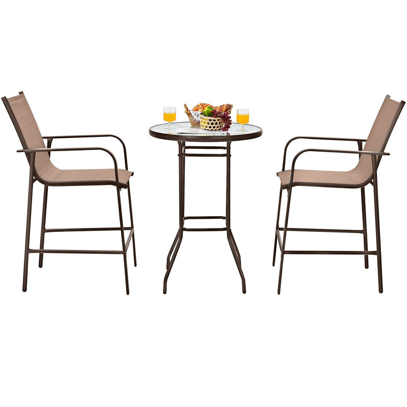 3 Pieces Outdoor Patio Bar Table Stool Set-Brown