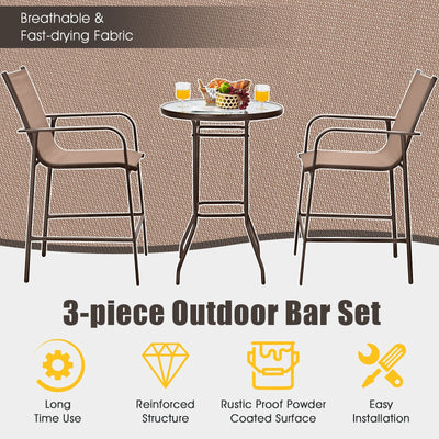 3 Pieces Outdoor Patio Bar Table Stool Set-Brown