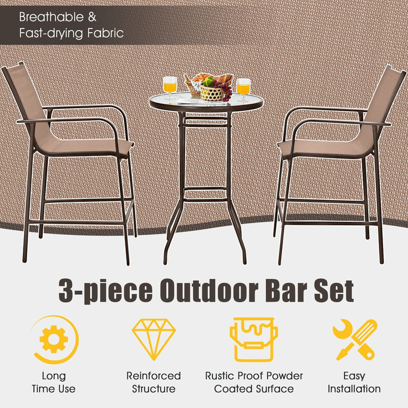 3 Pieces Outdoor Patio Bar Table Stool Set-Brown