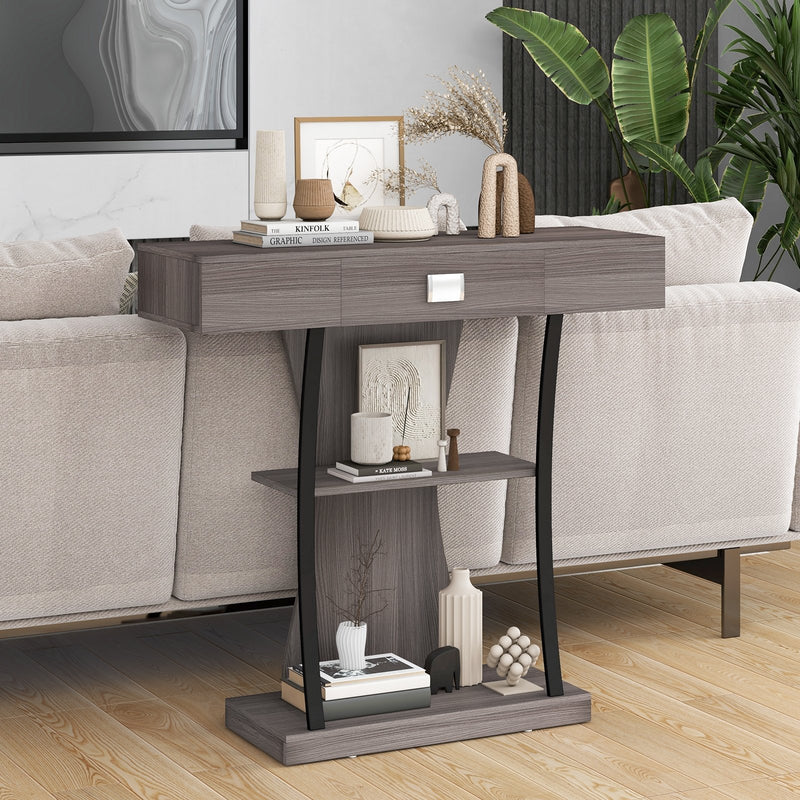 Console Table with Drawer and 2-Tier Shelves for Entryway Living Room-Gray