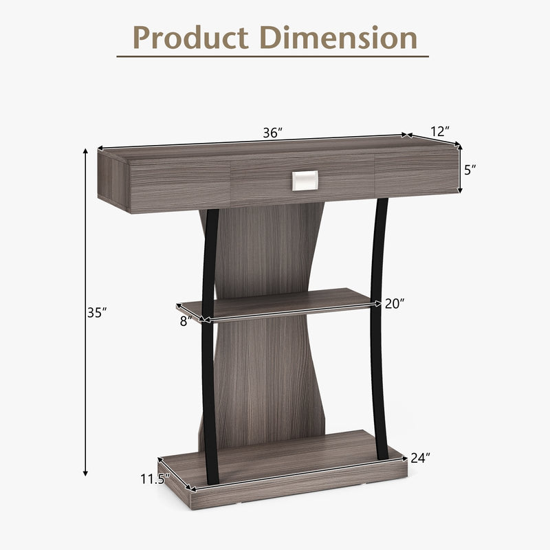 Console Table with Drawer and 2-Tier Shelves for Entryway Living Room-Gray