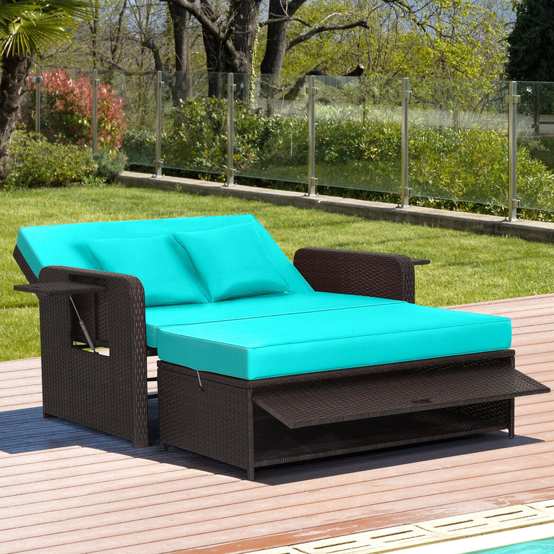 Patio Rattan Daybed with 4-Level Adjustable Backrest and Retractable Side Tray-Turquoise