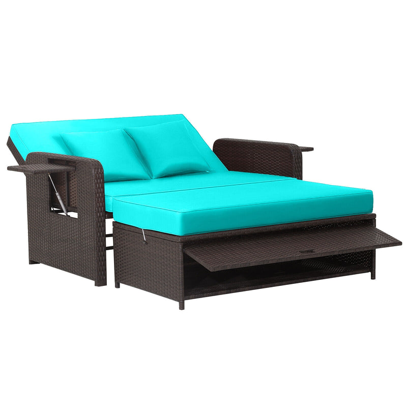 Patio Rattan Daybed with 4-Level Adjustable Backrest and Retractable Side Tray-Turquoise