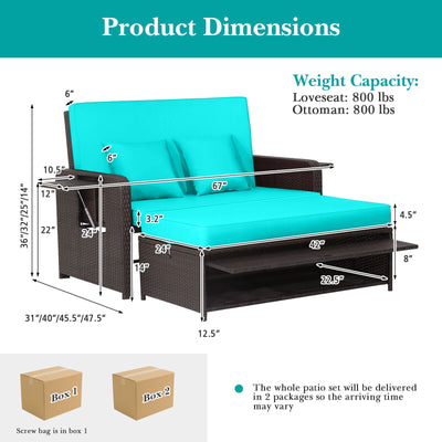 Patio Rattan Daybed with 4-Level Adjustable Backrest and Retractable Side Tray-Turquoise