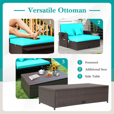 Patio Rattan Daybed with 4-Level Adjustable Backrest and Retractable Side Tray-Turquoise