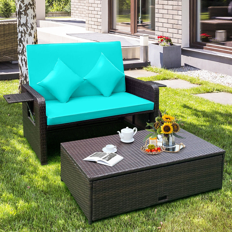 Patio Rattan Daybed with 4-Level Adjustable Backrest and Retractable Side Tray-Turquoise