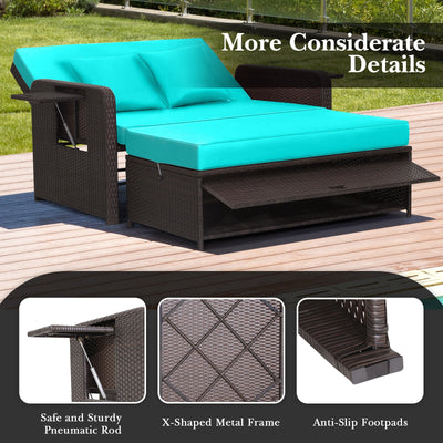 Patio Rattan Daybed with 4-Level Adjustable Backrest and Retractable Side Tray-Turquoise