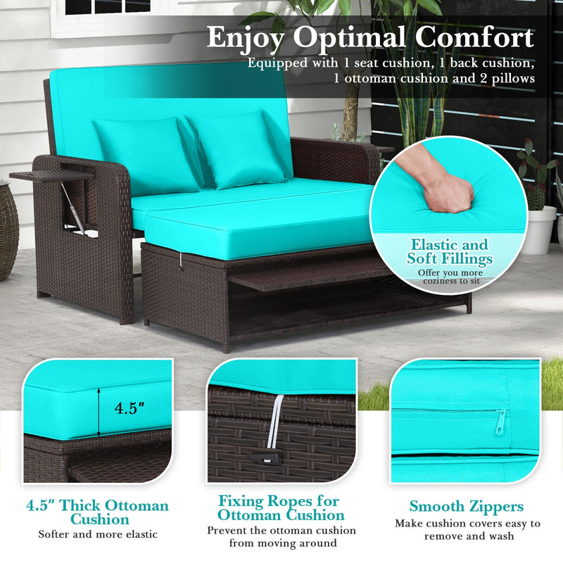 Patio Rattan Daybed with 4-Level Adjustable Backrest and Retractable Side Tray-Turquoise