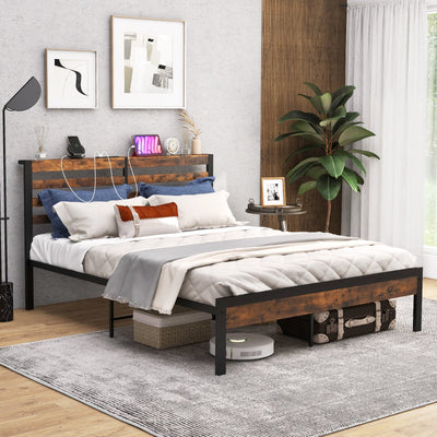 Full/Queen Size Bed Frame with Charging Station and Storage Headboard-Full Size