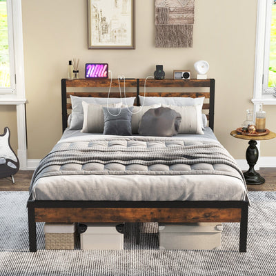 Full/Queen Size Bed Frame with Charging Station and Storage Headboard-Full Size