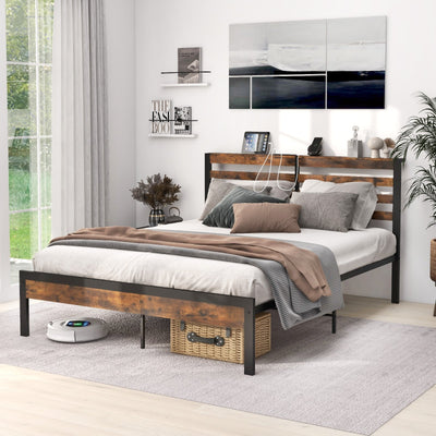 Full/Queen Size Bed Frame with Charging Station and Storage Headboard-Full Size