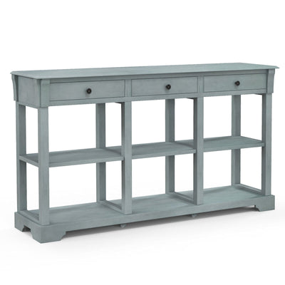 58 Inch Retro Console Table with 3 Drawers and Open Shelves Rectangular Entryway Table-Blue