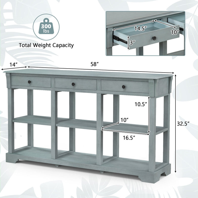 58 Inch Retro Console Table with 3 Drawers and Open Shelves Rectangular Entryway Table-Blue