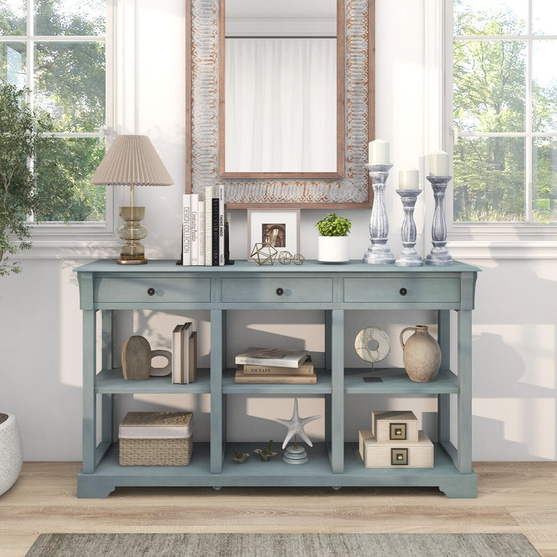 58 Inch Retro Console Table with 3 Drawers and Open Shelves Rectangular Entryway Table-Blue