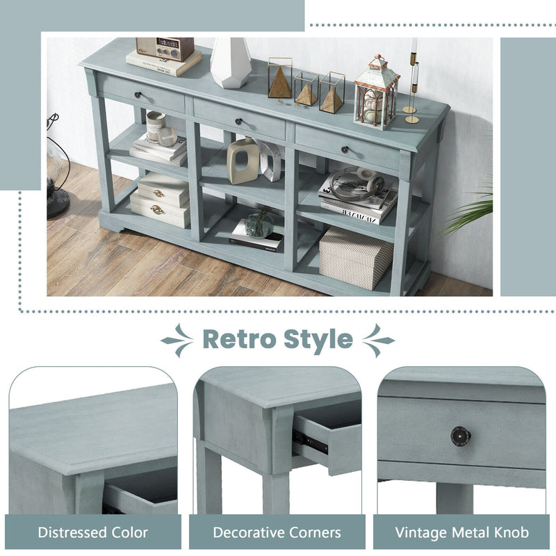 58 Inch Retro Console Table with 3 Drawers and Open Shelves Rectangular Entryway Table-Blue