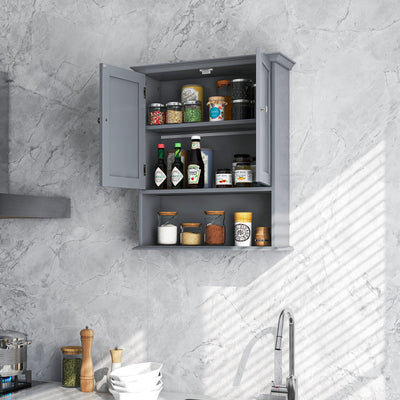 Wall Mount Bathroom Cabinet Storage Organizer with Doors and Shelves-Gray