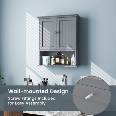 Wall Mount Bathroom Cabinet Storage Organizer with Doors and Shelves-Gray