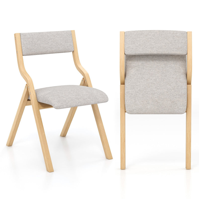 Set of 2 Wooden Folding Dining Chair with Linen Fabric Padded Seat and Backrest-Natural