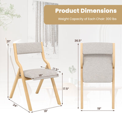 Set of 2 Wooden Folding Dining Chair with Linen Fabric Padded Seat and Backrest-Natural