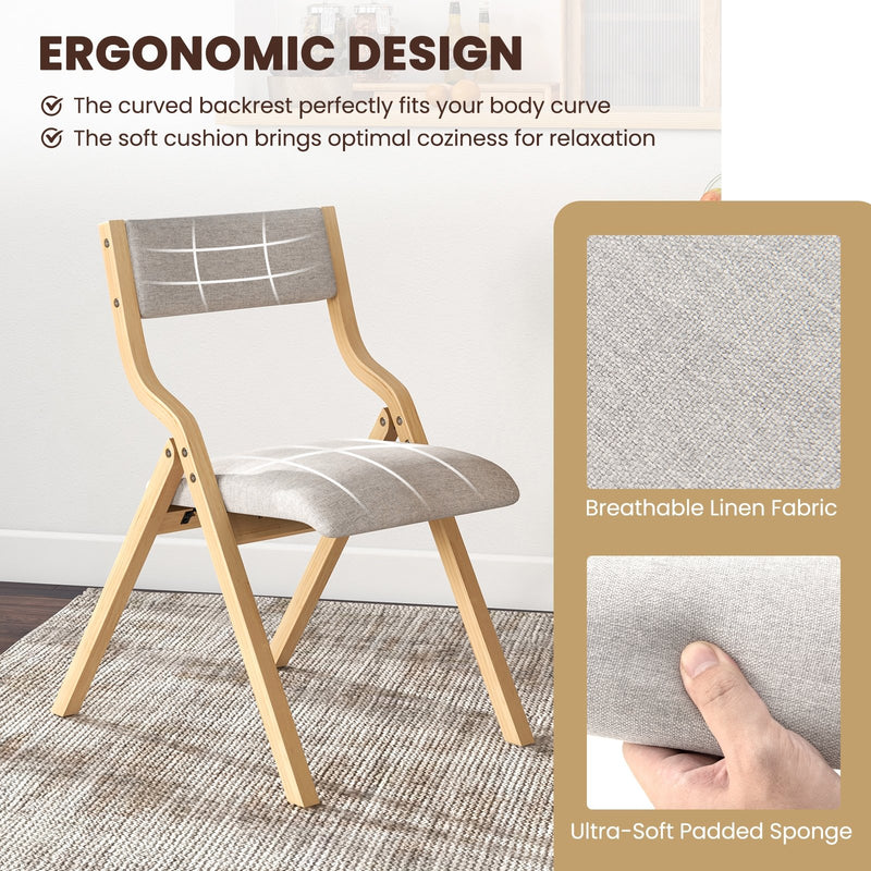 Set of 2 Wooden Folding Dining Chair with Linen Fabric Padded Seat and Backrest-Natural