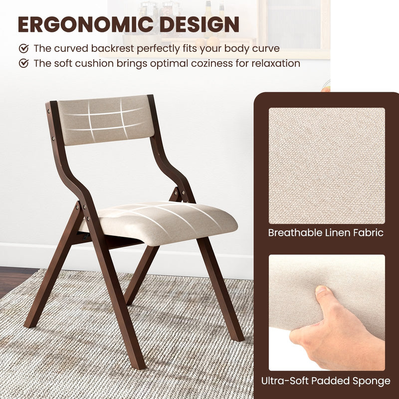 Set of 2 Wooden Folding Dining Chair with Linen Fabric Padded Seat and Backrest-Coffee