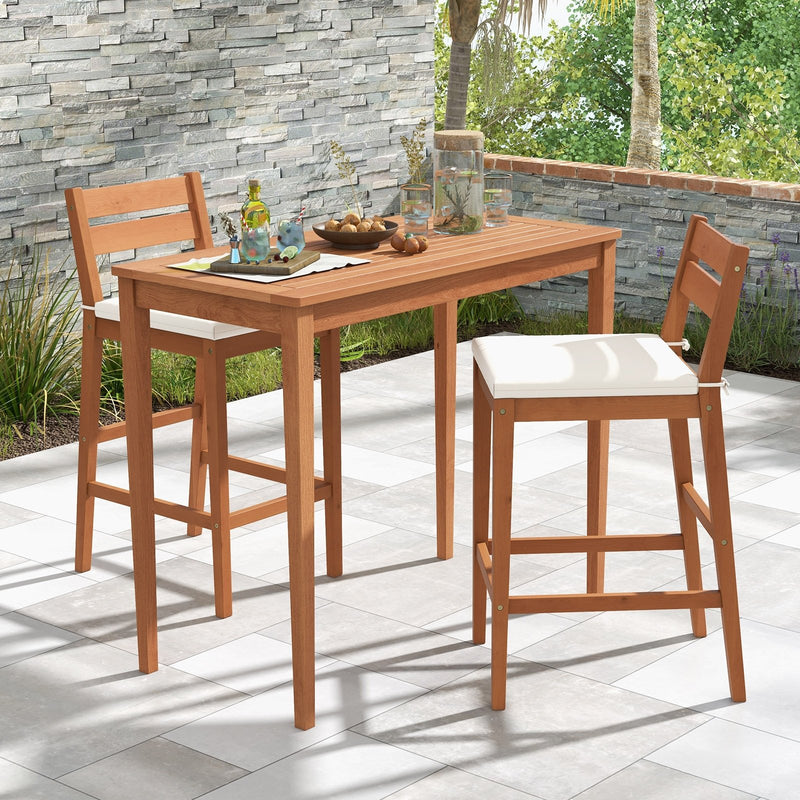 Set of 2 Outdoor Wood Barstools with Soft Seat Cushion-Off White