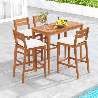 Set of 2 Outdoor Wood Barstools with Soft Seat Cushion-Off White