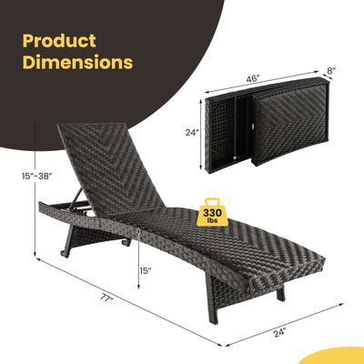 Folding Padded Rattan Patio Chaise Lounge with Adjustable Backrest and Quick Dry Foam All Weather