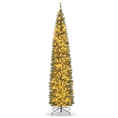 5/6/7/8/9 Feet Pre-lit Pencil Artificial Christmas Tree with 150/180/200//300/400 Warm White LED Lights-8 ft